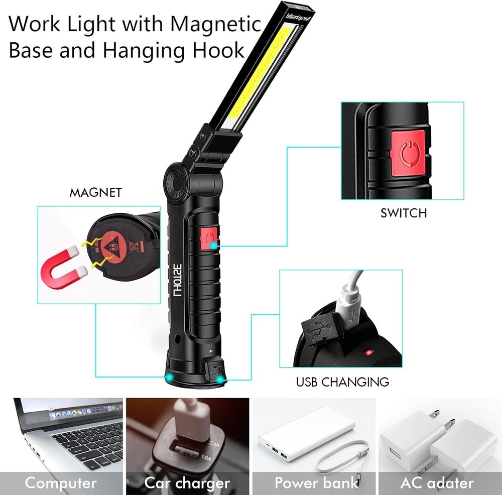 Rechargeable LED Work Light Magnetic Foldable Flashlight with Hook 5 Modes