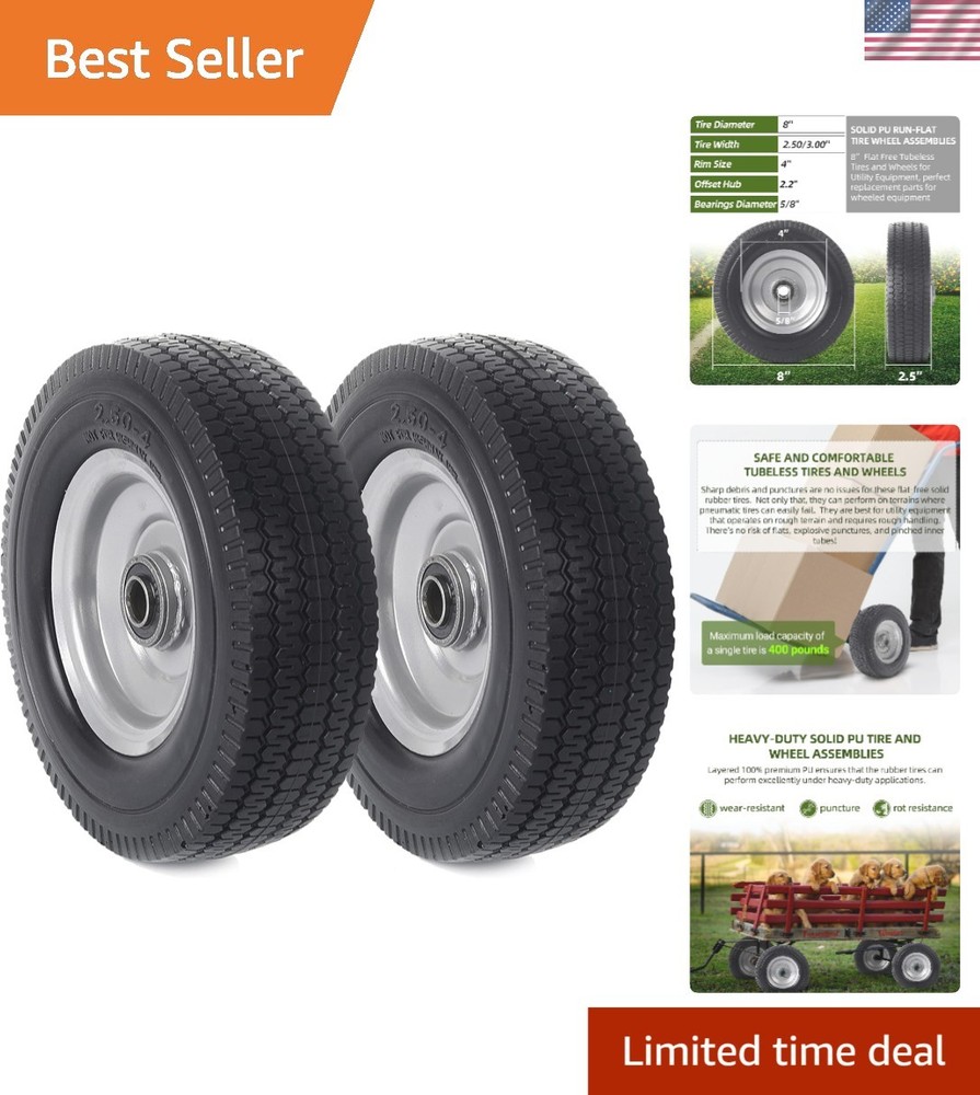2-Pack 8-Inch Flat-Free Tire Replacement – Heavy-Duty Solid Wheel Assemblies