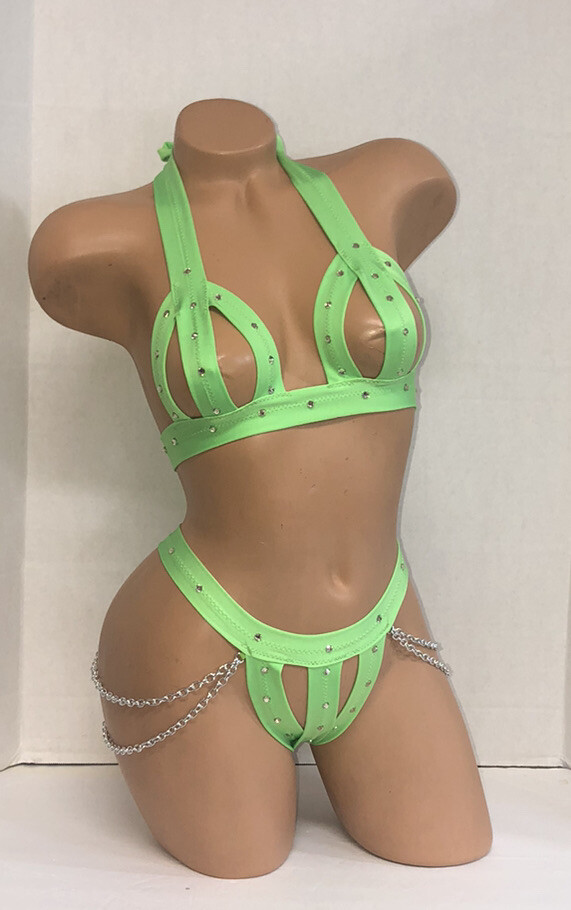 Exotic dancewear-Lime Green Cage Two Piece