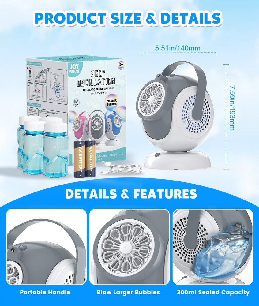 Rechargeable Bubble Machine - Auto 360° Rotation, 75° Tilt Range, 10 Large Wa...