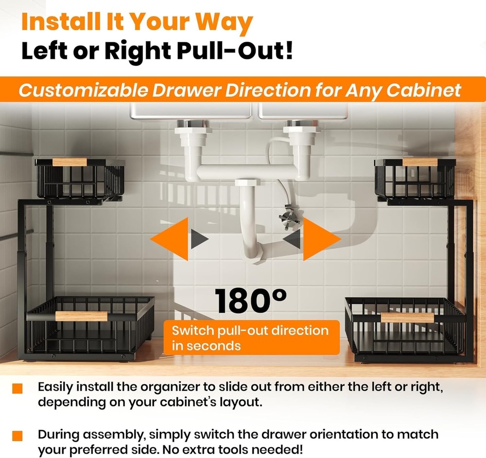 Left or Right Install – under Sink Organizer, 2-Tier Adjustable Height Pull Out