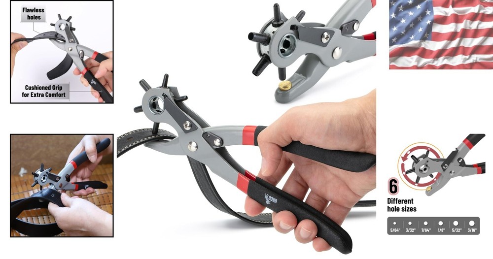 Compact Leather Hole Punch Tool - 6 Sizes, Ergonomic Handle for Ultimate Comfort