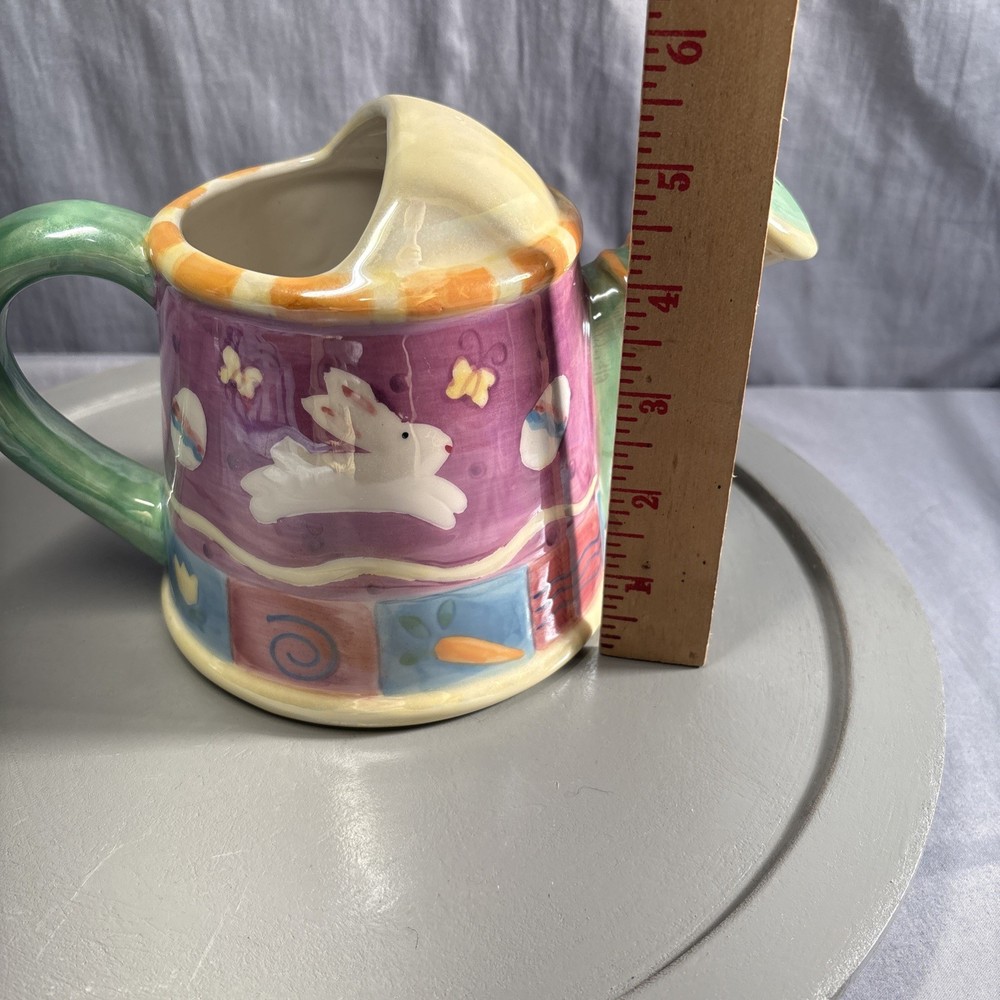 Vtg Watering Can or Planter 6.5" 2000 Palm Tree Ceramic Easter Bunny/Eggs Luster
