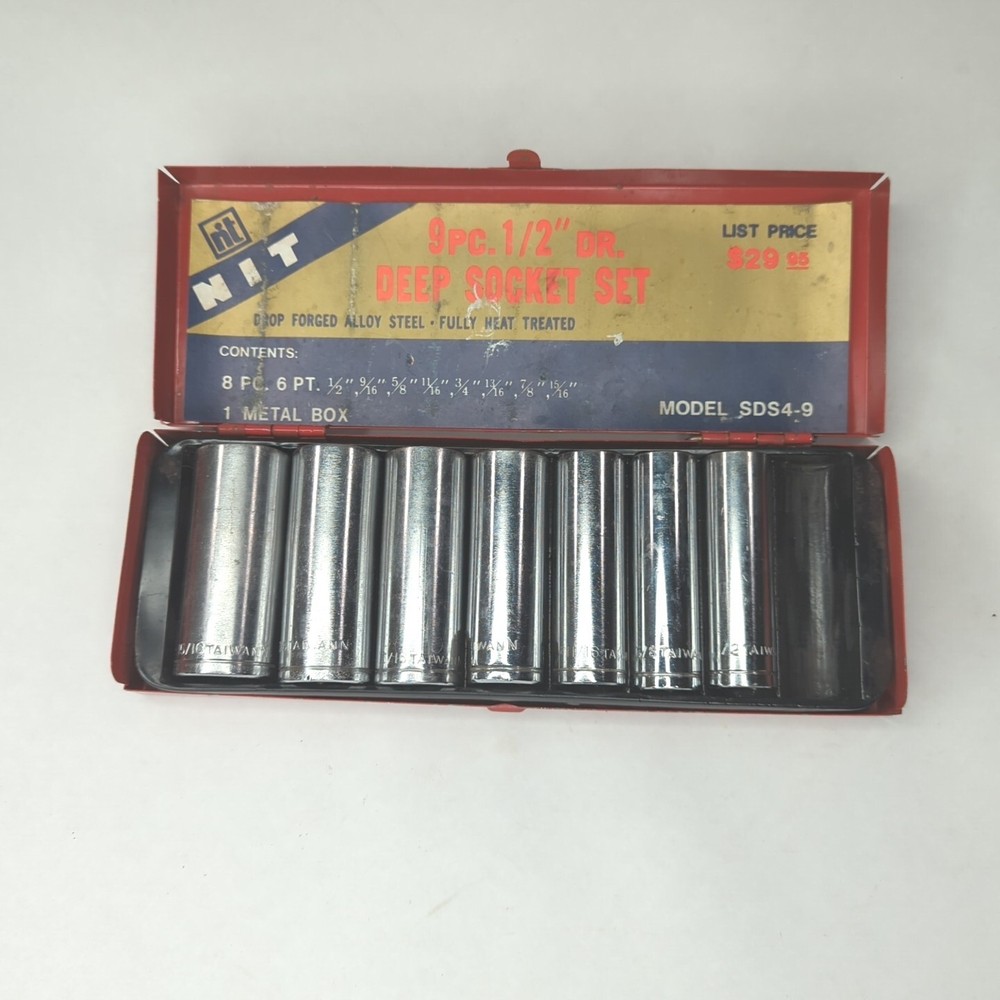Vintage NIT Deep Socket 1/2" Driver Set SAE - Metal Box 7 Sockets SDS4-9