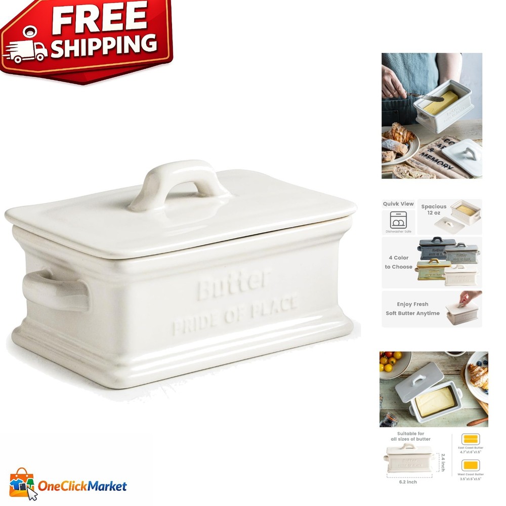 Elegant Ceramic Butter Dish with Lid - Dishwasher Safe, White Rectangular Keeper