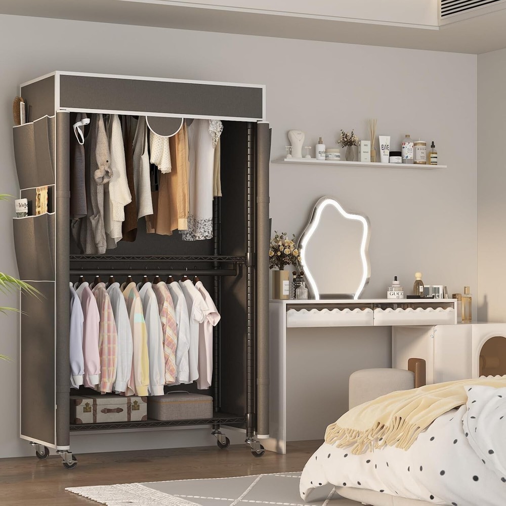 Rolling Garment Rack w/Oxford Fabric & Convenient Side Pockets & Secure Strap#