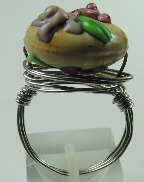 Wire Wrapped Lampwork Floral Bead Ring Handcrafted