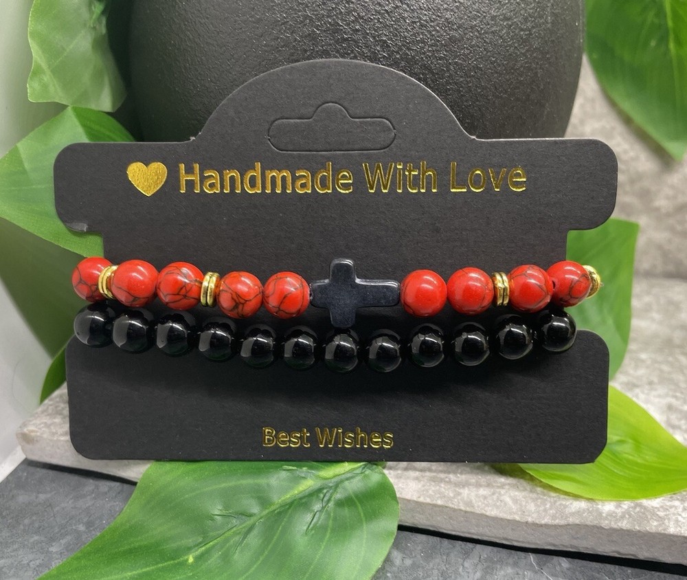 2 PC Handmade Beaded Stackable 6.5” Plus Stretch Bracelet Set Cross New B3707