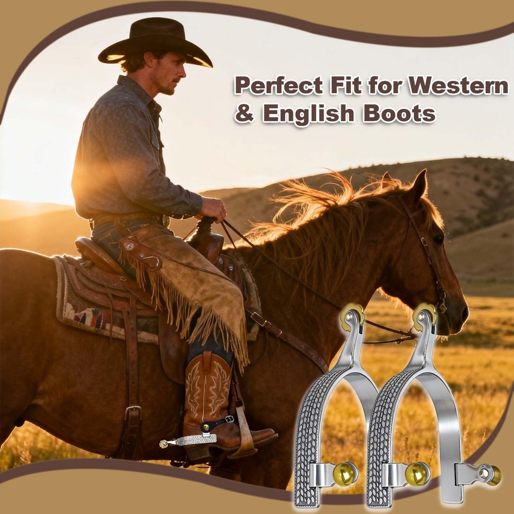 Professional Horse Spurs with Roller & Wheat Engraving, Includes 2 Leather St...