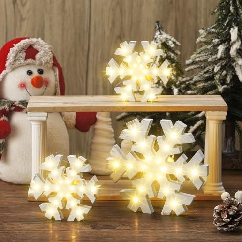 3 Pcs Christmas Winter Snowflake Table Signs LED White Standing Rustic Style