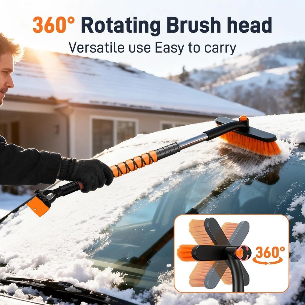 360°Rotating Extendable Snow Brush and Ice Scraper, Telescoping Ice Scraper 35.4