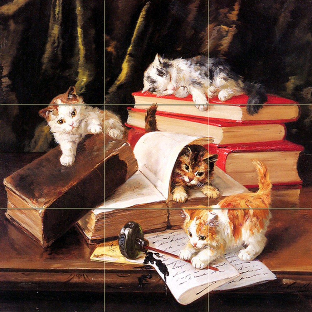 Kittens and books Tile Mural Kitchen Bathroom Wall Backsplash Marble Ceramic