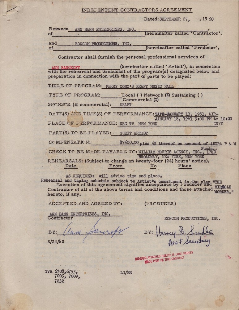 ANNE BANCROFT - DOCUMENT SIGNED 09/27/1960