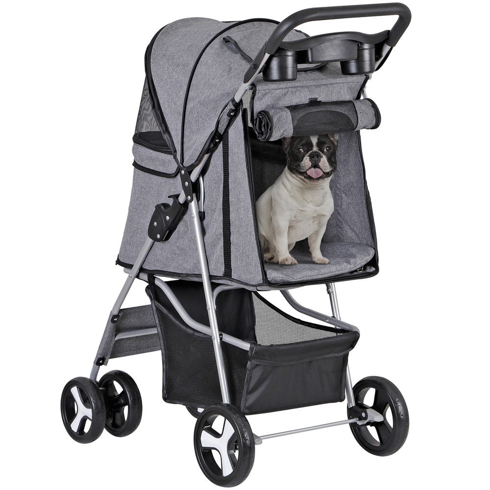Collapsible Gray Pet Stroller with Mesh Windows and Smooth Zippers