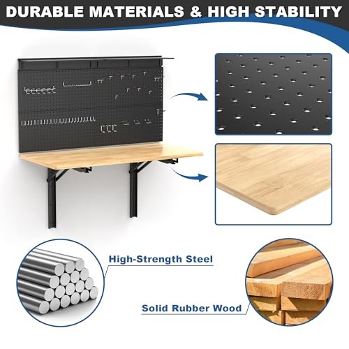 Wall Mounted Workbench with Pegboard, Folding Down Work Table Metal Pegboard