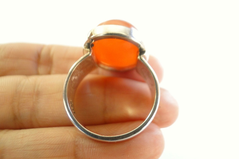 Oval Orange Carnelian Button 925 Sterling Silver Ring Size 9.5