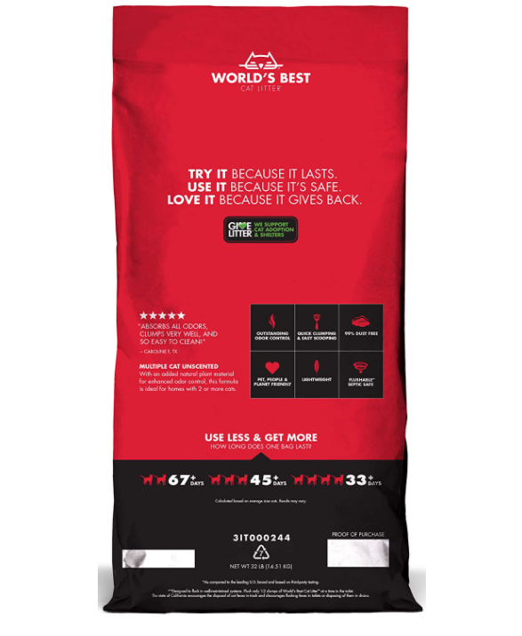 WORLD'S BEST CAT LITTER Multiple Cat Unscented, 32-Pounds