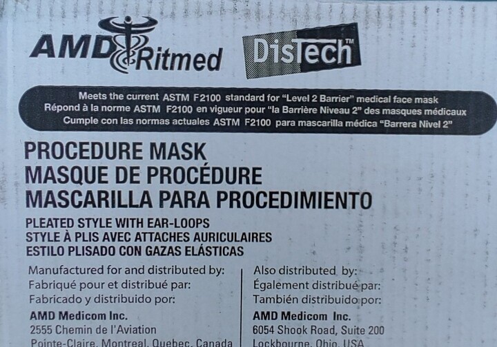 (1) Box 500 Masks AMD Ritmed 2115 Distech Earloop Facemasks ASTM Level 2 Blue