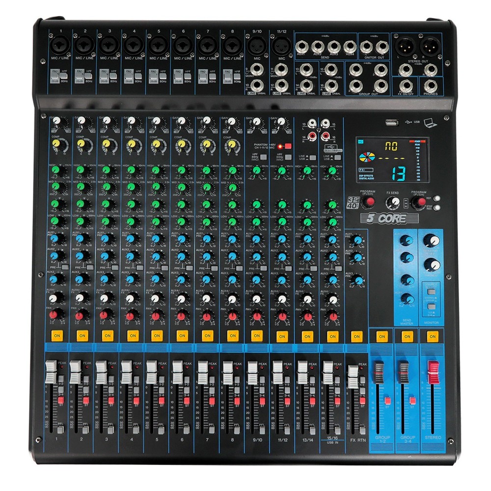 5Core Audio Mixer 16 Channel DJ Soundboard USB Interface Bluetooth XLR Console