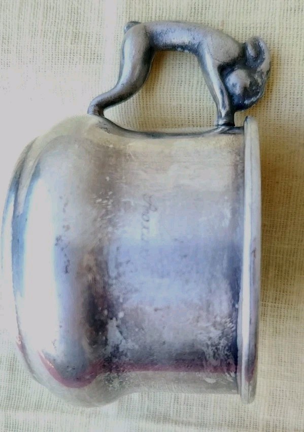 SILVER ON COPPER CHILDS DRINKING CUP W/3 D RABBIT HANDLE MARKS NAME ROXANN