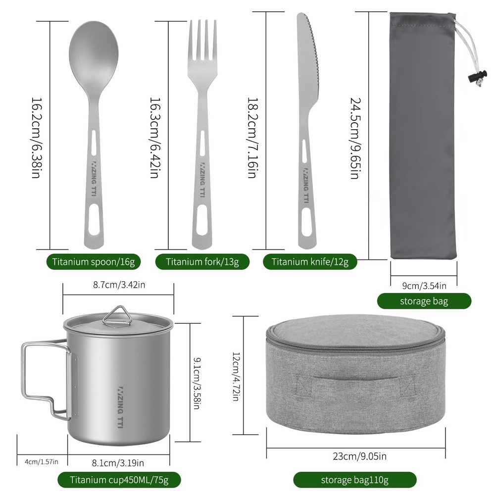 ZING TTI Titanium Tableware Set, 8-Piece Camping Dinnerware Kit, Titanium Bow...