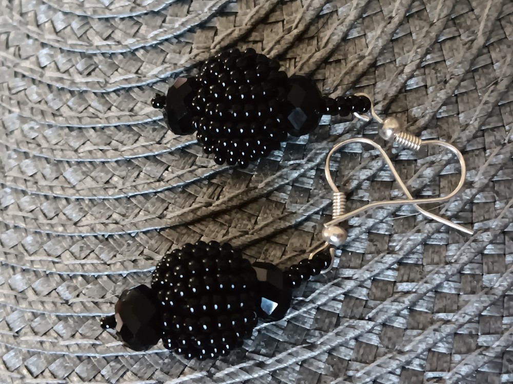 Seed Bead Hand Beaded & Facested Black Bead Hook Earrings