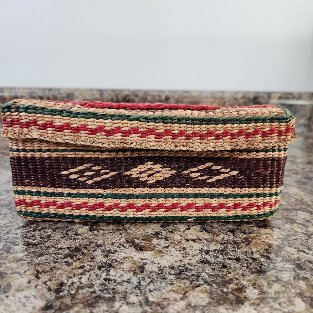 Vintage Sewing Storage Basket Woven Rectangle Lid