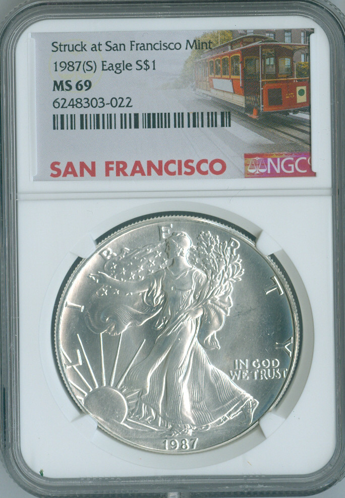 1987-S Silver Eagle Dollar NGC MS69 Trolly Quality