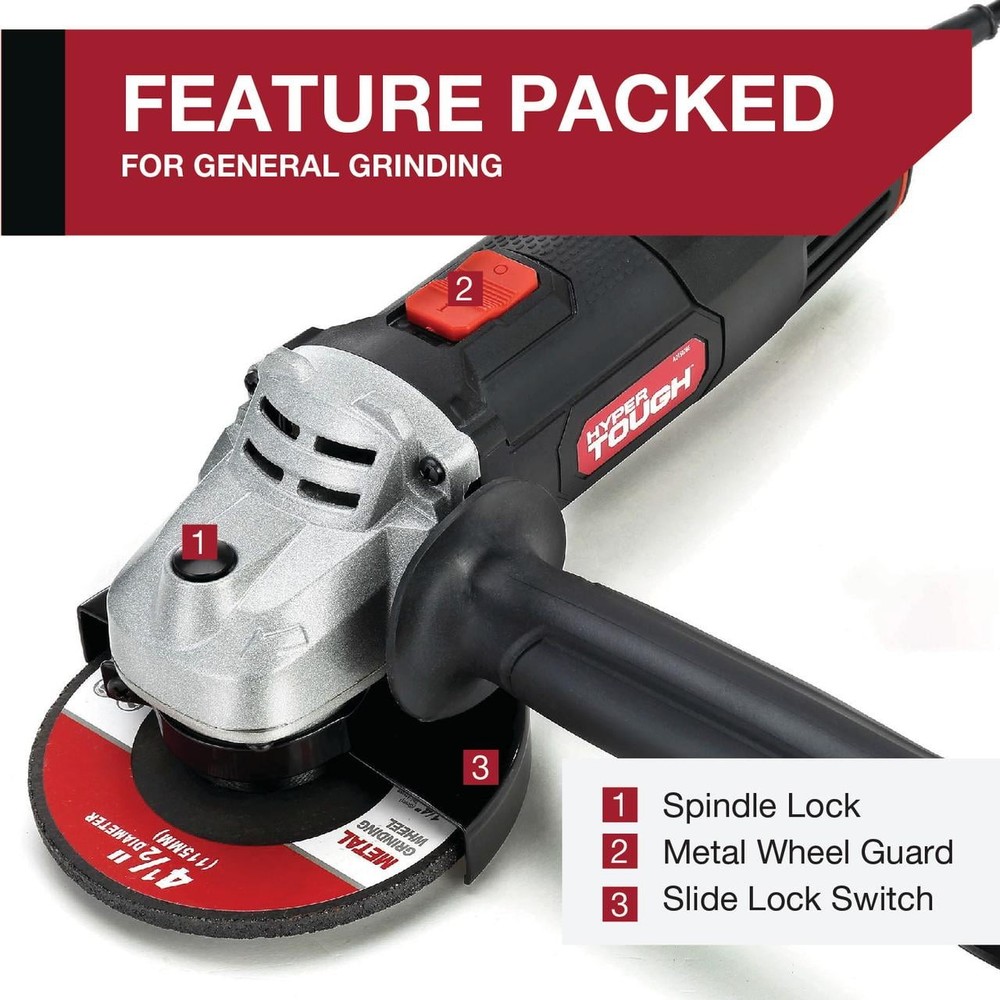 Hyper Tough 6 Amp Corded Angle Grinder with Handle, Adjustable Guard