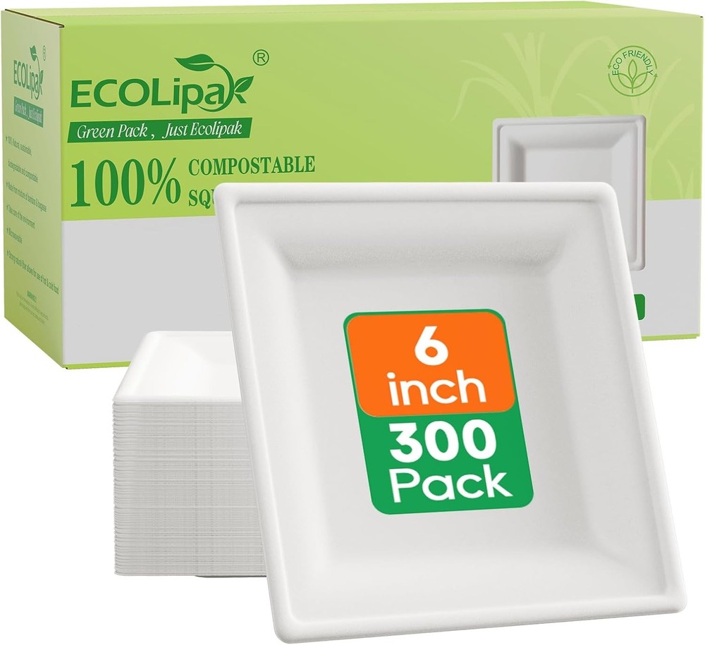 6 Inch Compostable Square Paper Plates, 300 Count Heavy Duty White Small