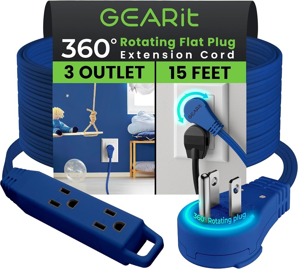 360° Rotating Flat Plug Extension Cord - 3 Outlets, 15ft Navy, Certified