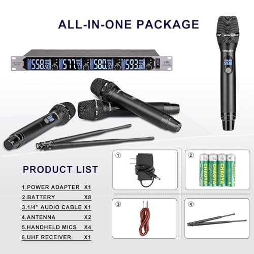 Professional 4 Channel Wireless Microphone System, Metal Handheld 4 channel