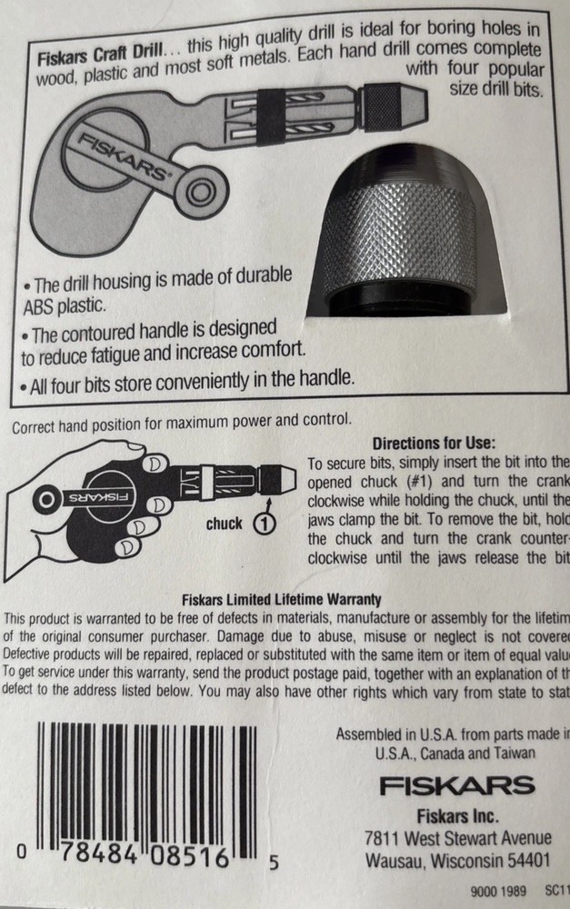 Fiskars Craft Drill Model 8156 Includes 4 Popular Size Bits New In Package