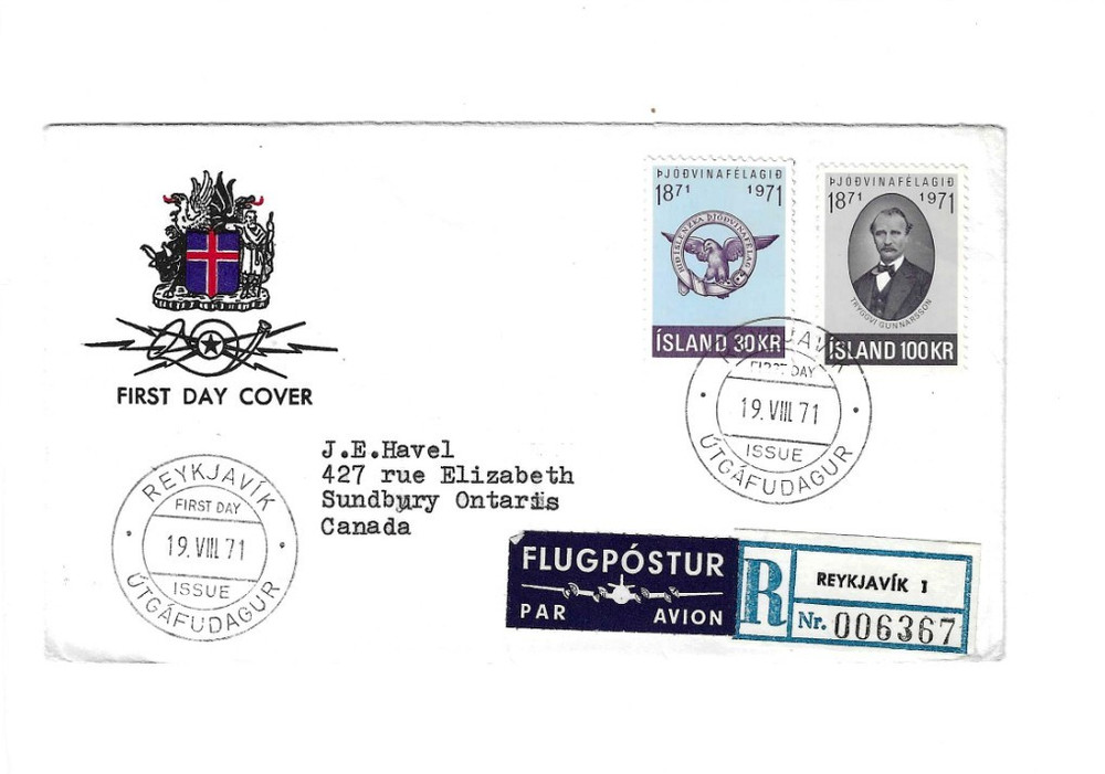 ICELAND 1971 Registered FDC sent to Canada