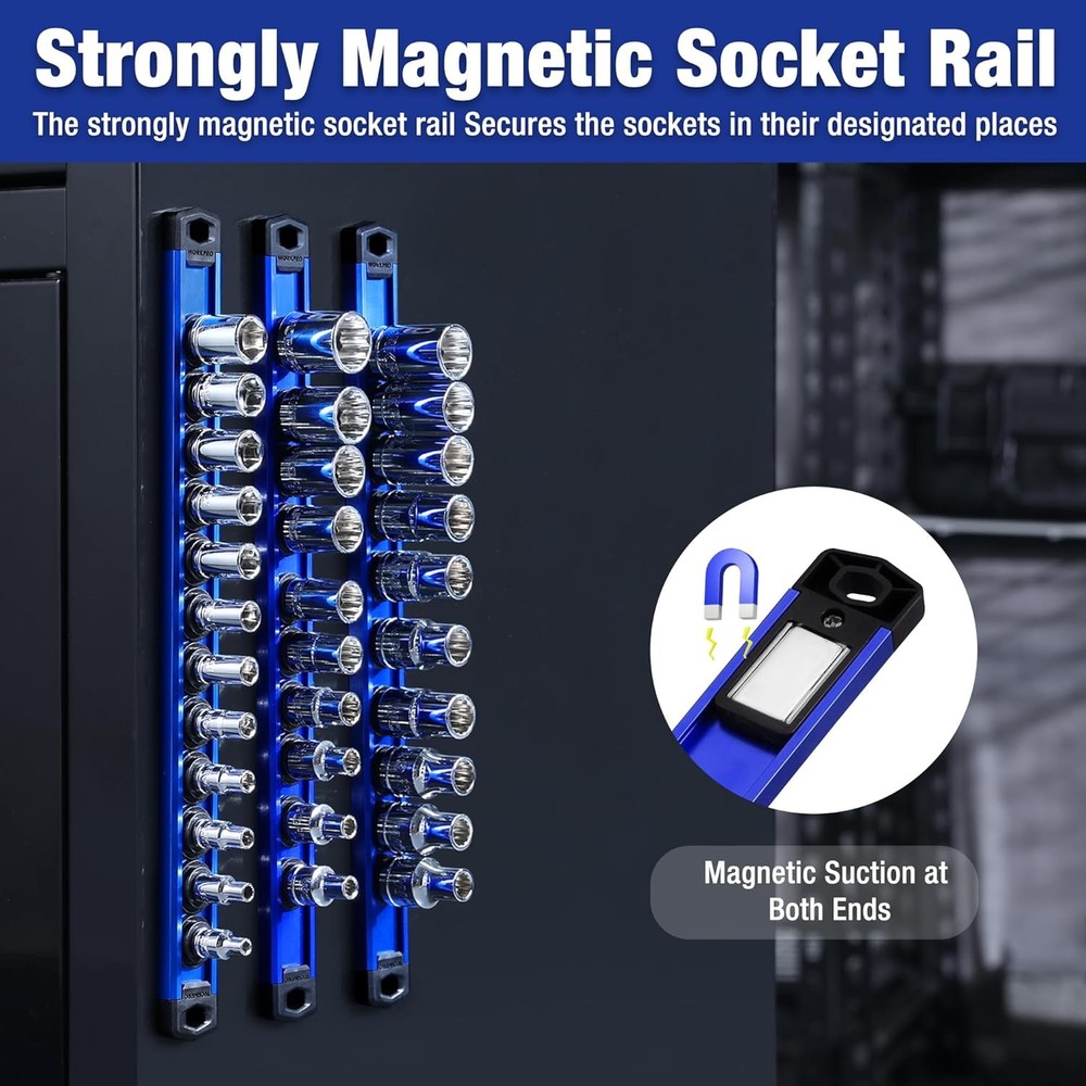 WORKPRO Magnetic Socket Organizer Set, 3-Piece Aluminum Alloy Socket Rail, Heavy