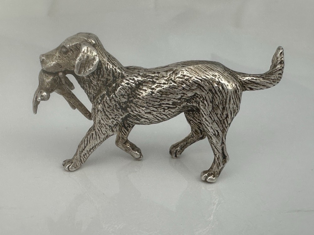 Vintage Solid Silver Miniature Retriever With Duck c.1979