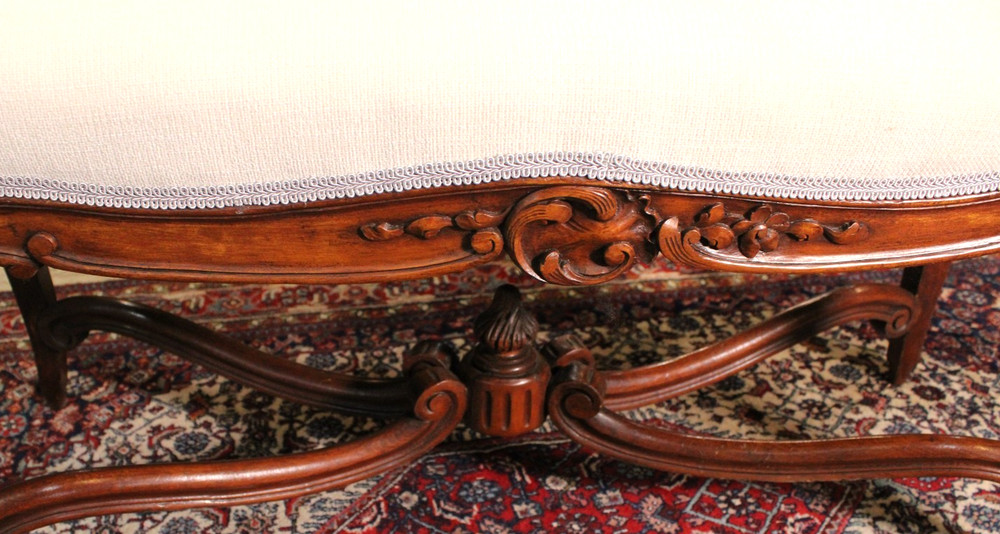 French Antique Carved Walnut Bench / Refinished & upholstered White Lenin