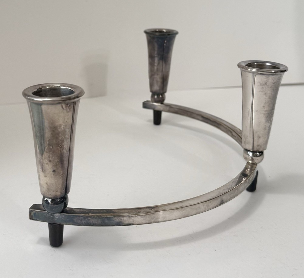 Vintage Mid-Century Modern Silverplate & Bakelite Half Circle Candelabra 2pc Set