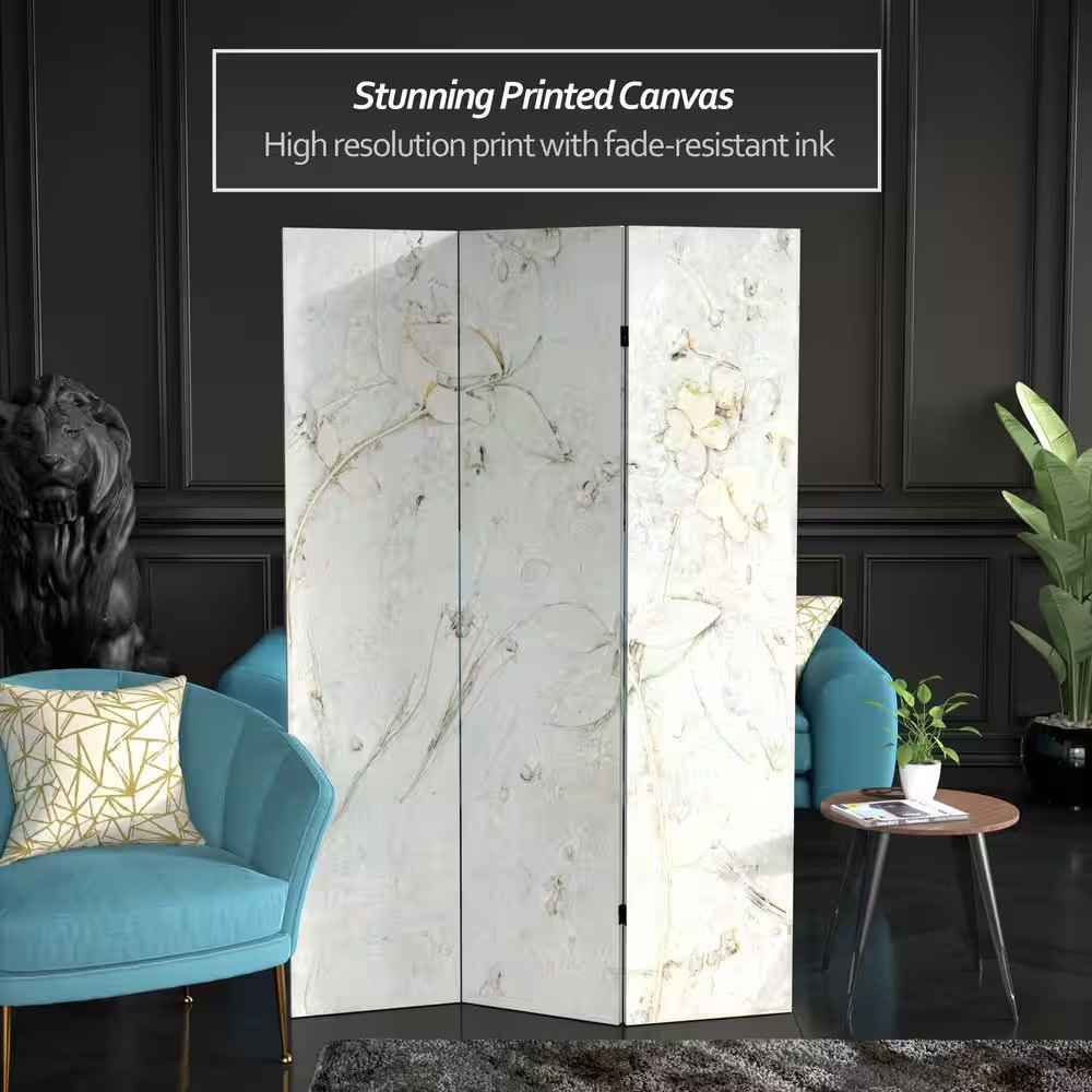 6 Ft. Ivory Flowers Printed 3-Panel Room Divider
