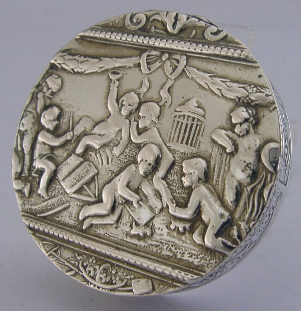 SUPERB GERMAN SOLID SILVER FIGURAL CHERUB SCENES BOX c1900 ANTIQUE