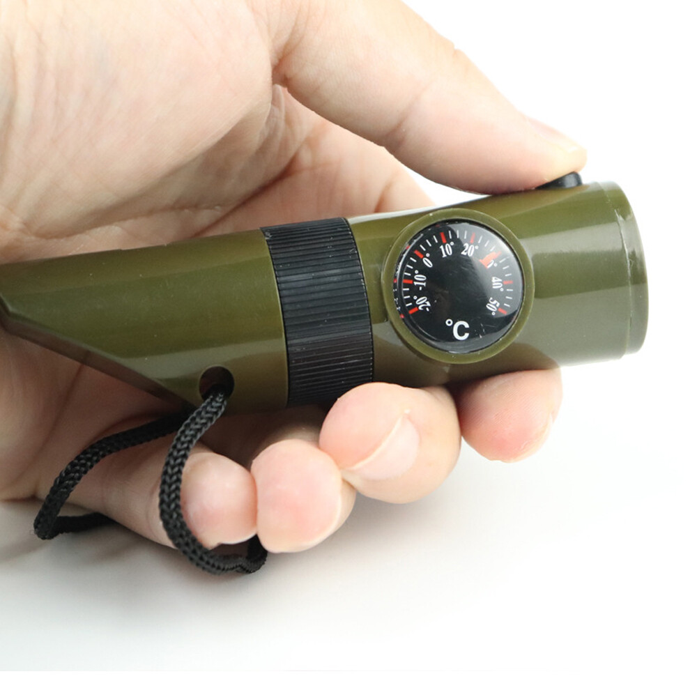 4PCS 7 in 1 Camping Survival Whistle Compass Thermometer Flashlight Magnifier