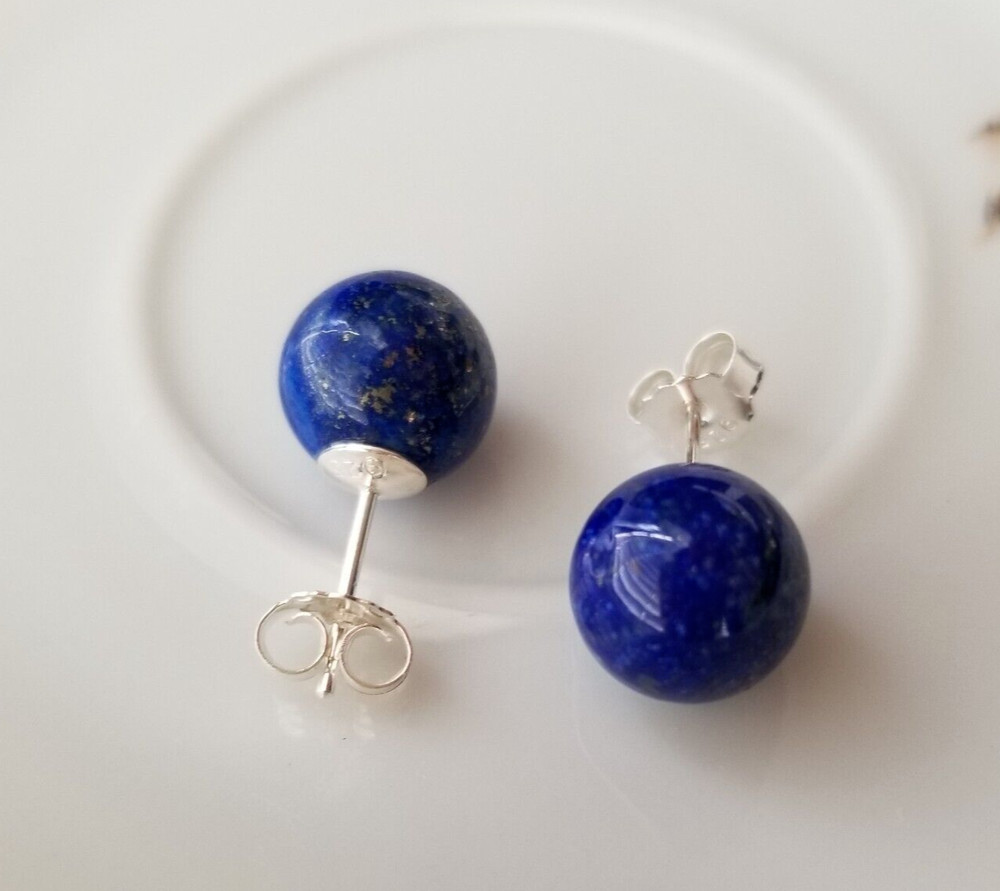 Solid 925 Sliver Natural Blue Lapis Lazuli  10mm Round Ball Stud Earrings