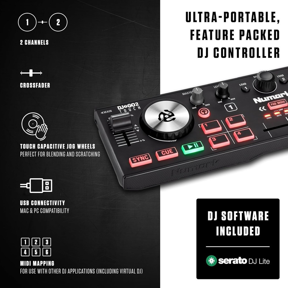 DJ2GO2 Touch Compact DJ Controller with 2 Decks, Mixer, Audio Interface and