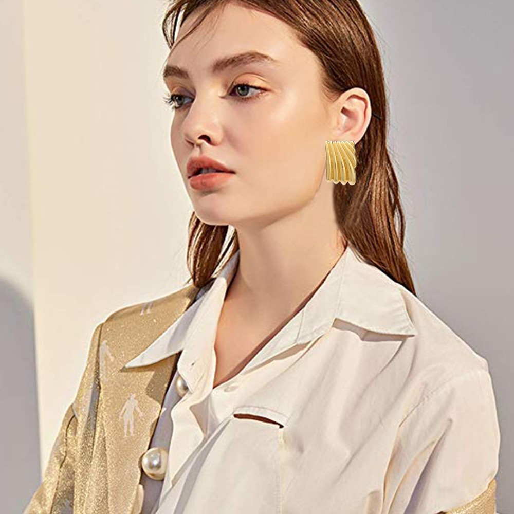 Minimalist Alloy Chunky Striped Rectangle Geometric Square Statement Stud Ear...
