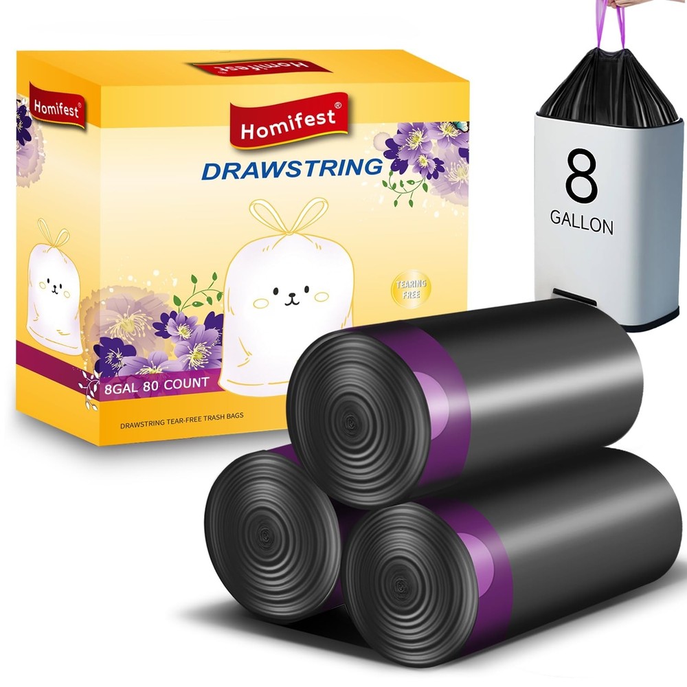 8 Gallon Drawstring Trash Bags,80 Count Black 8 Gallon 80 Pcs