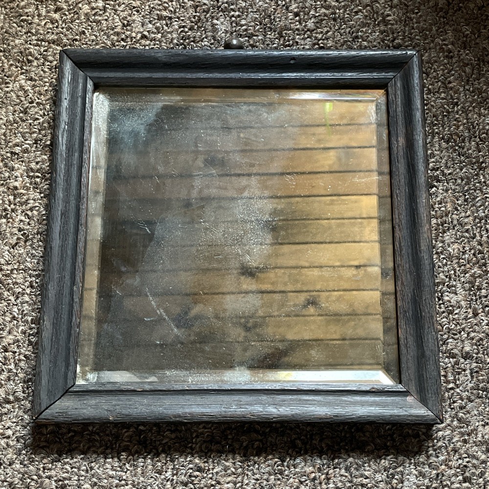 Antique Primitive Beveled Mirror Black Wood Frame 9.25” Square