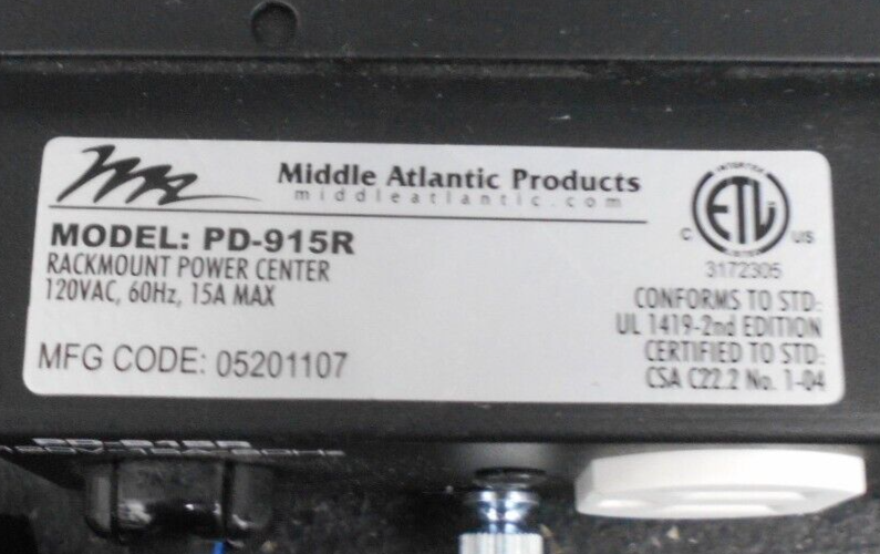 Middle Atlantic Products Model: PD-915R Rackmount Power Center