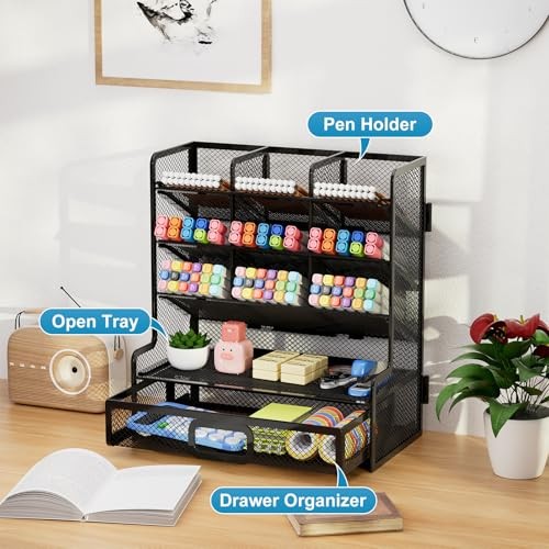 Larger Mesh Desk Organizer with Drawer, Multi-Functional Pen Pencil Black