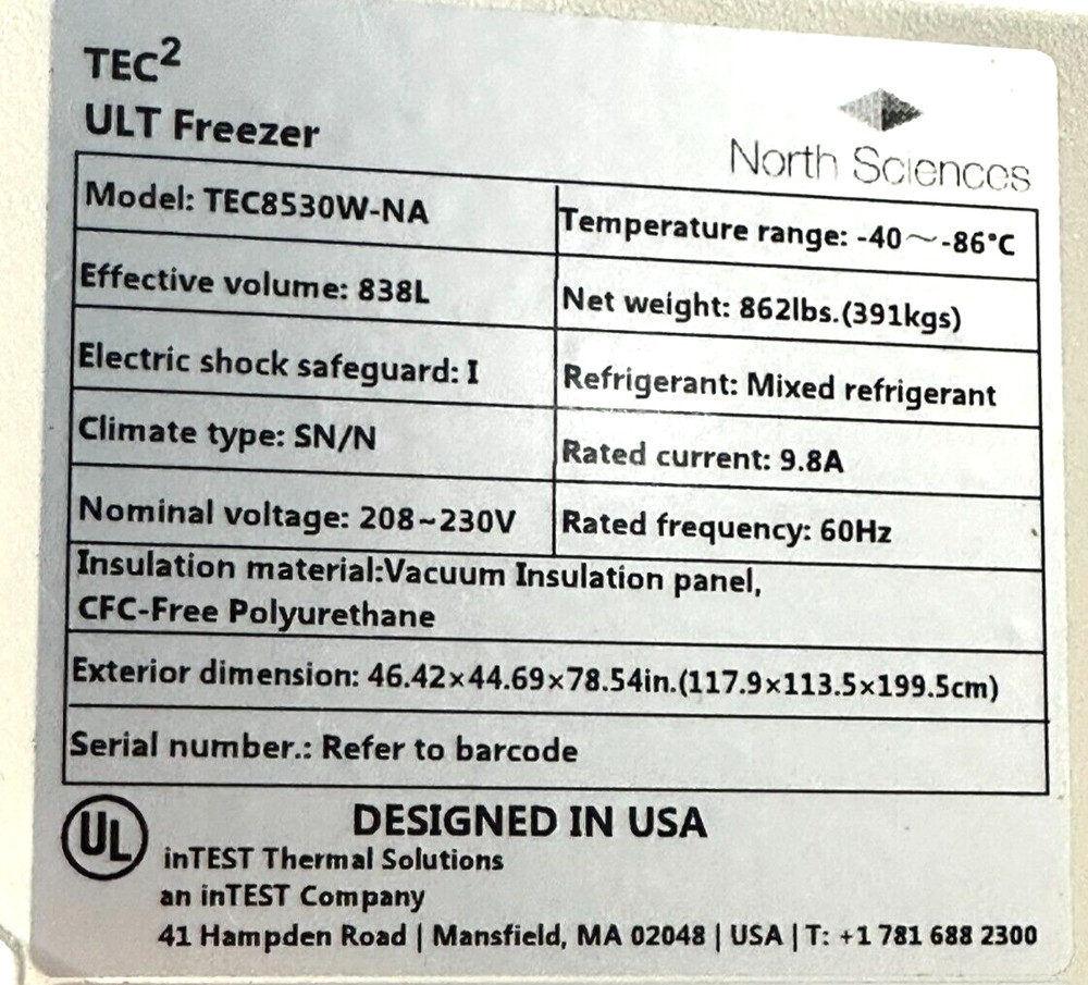 North Sciences Tec2 ULT Freezer -40 -86C Dual Redundant Compressor TEC8530W-NA