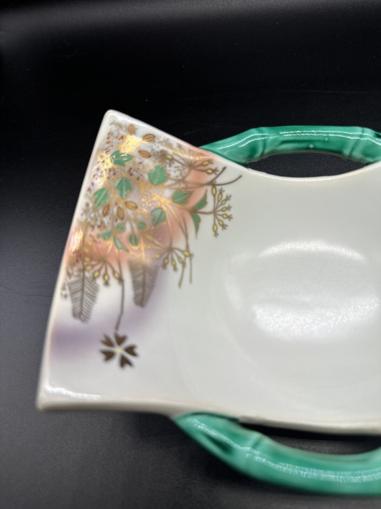 Rectangular Dish Bamboo Look Handles Hand Painted Floral Design